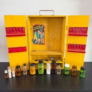 Vintage Gilbert Microscope Original Wooden Case Box Carrying Yellow Science Kit